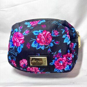 Betsey Johnson Make Up Bag/Cosmetic-Black Pink/Blue Floral-Gold-Lips-Storage